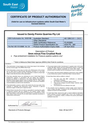 SEW CP Dandy Premix 5mm Minus FCR Cert of Product Authorisation No.16 0019B Expires 28 Apr 2022 Dated 28 Apr 2017